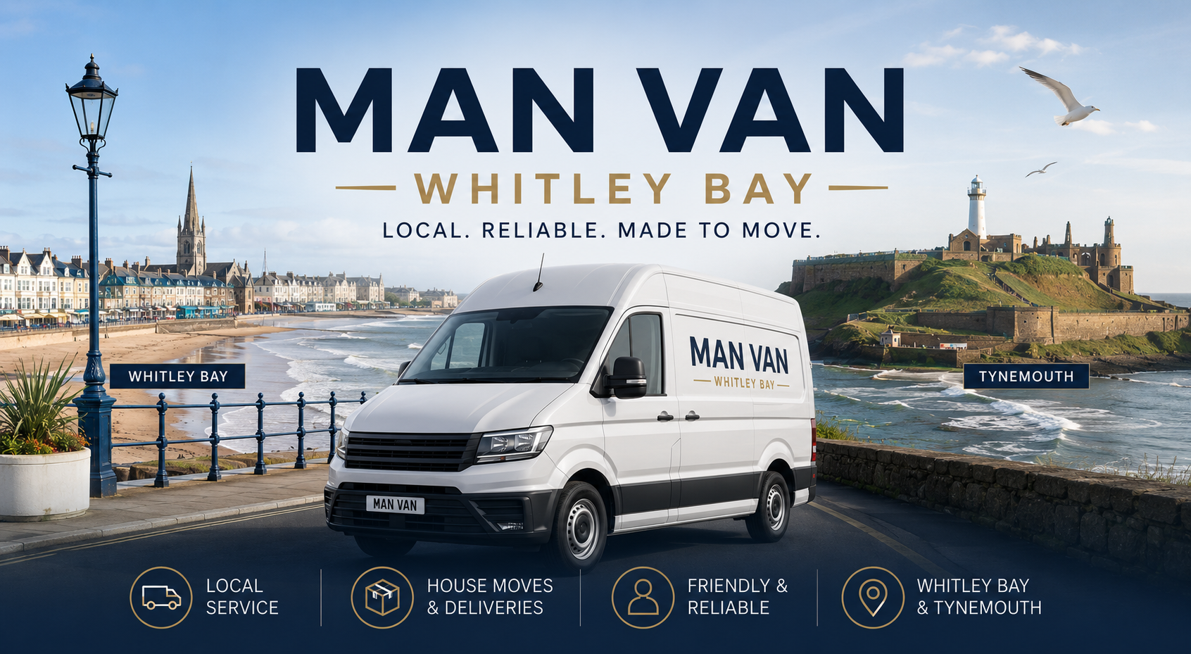 Man Van Whitley Bay van on the seafront with St Mary's Lighthouse and Tynemouth Priory